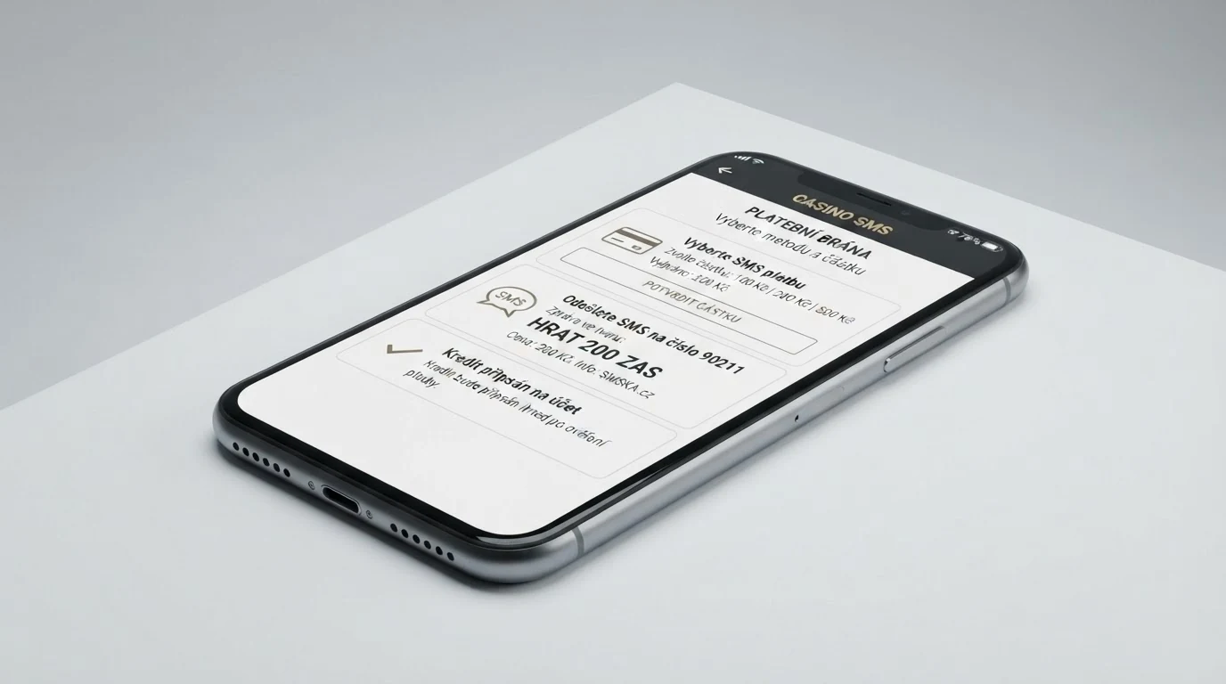 Schéma tří kroků SMS vkladu: výběr metody v pokladně casina, odeslání SMS z telefonu, připsání kreditu na herní účet