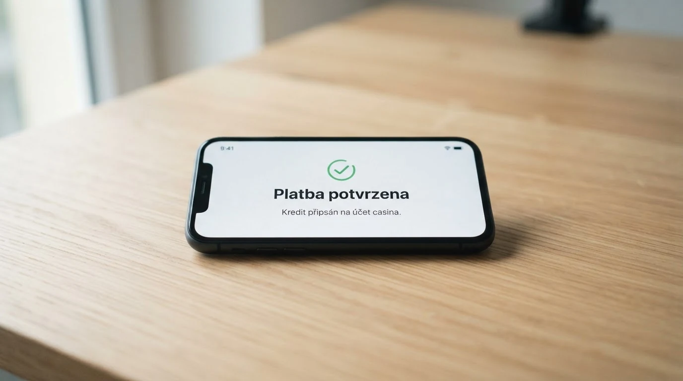 Schéma tří kroků SMS vkladu — mobilní telefon, příchozí potvrzovací SMS a připsaný kredit na herním účtu