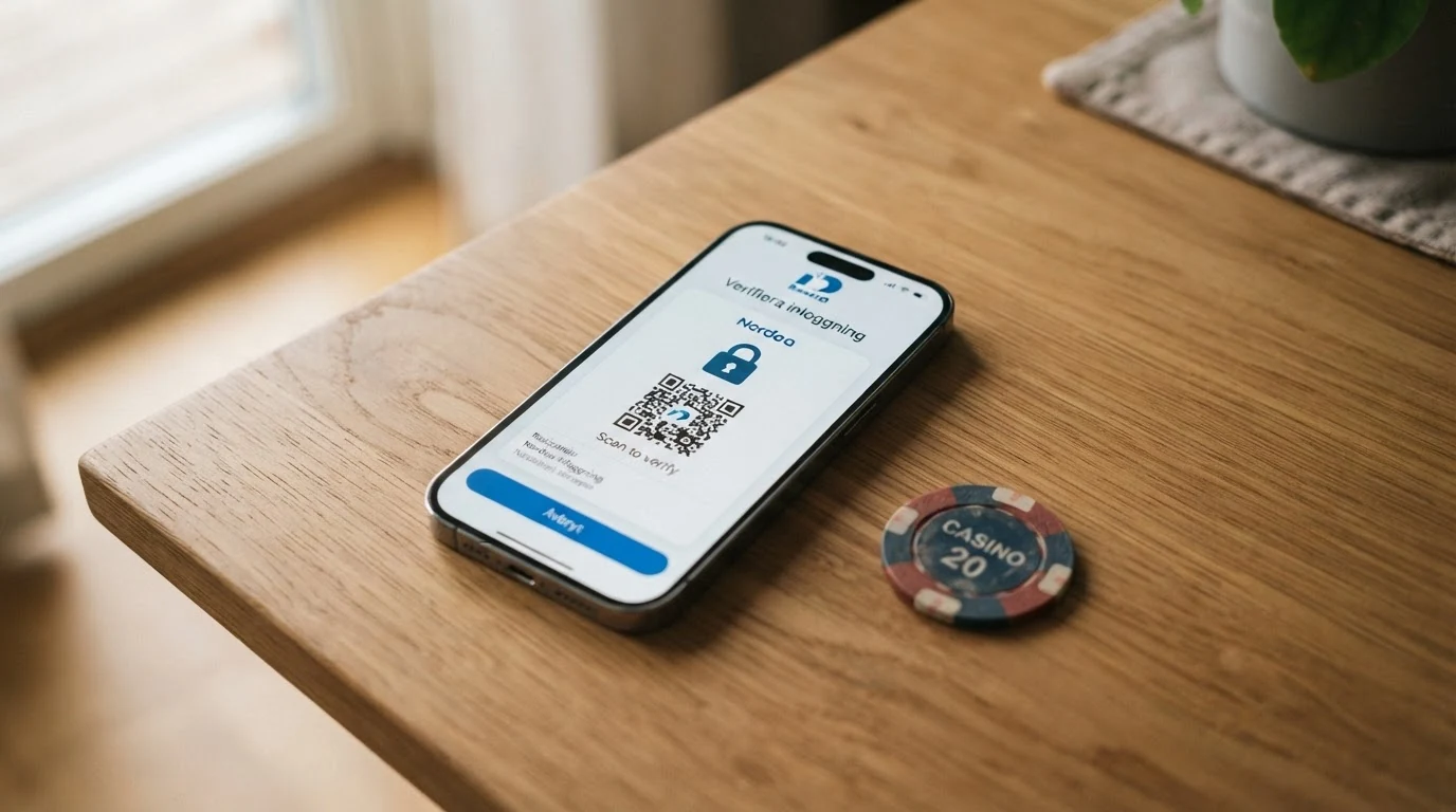 Telefon s aplikací BankID a platební kartou vedle obrazovky s tlačítkem panic button v online casinu
