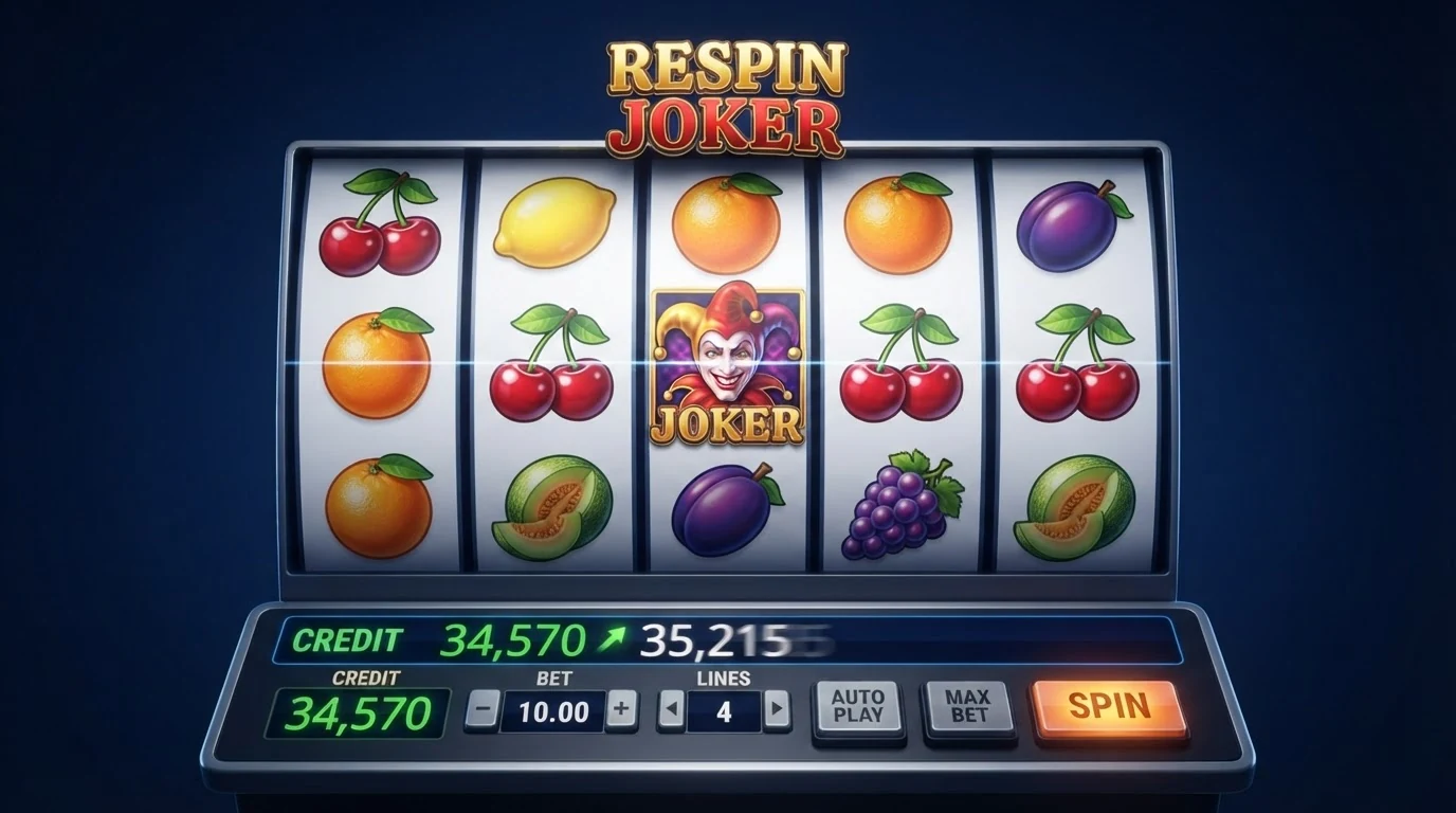 Hrací automat Respin Joker se čtyřmi válci a ovocnými symboly