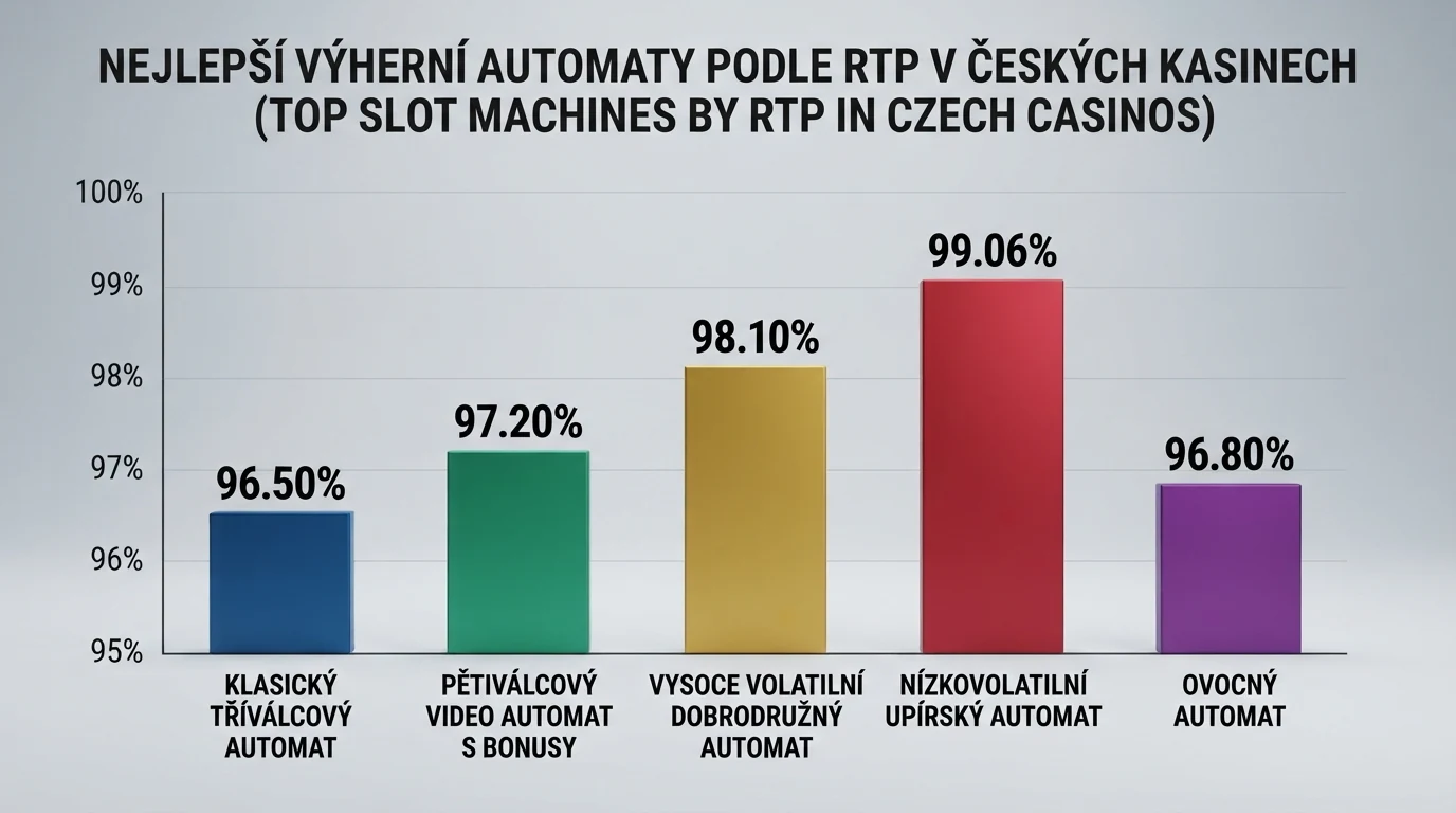 Tabulka pěti automatů s nejvyšší výherností v českých licencovaných casinech — seřazených podle RTP