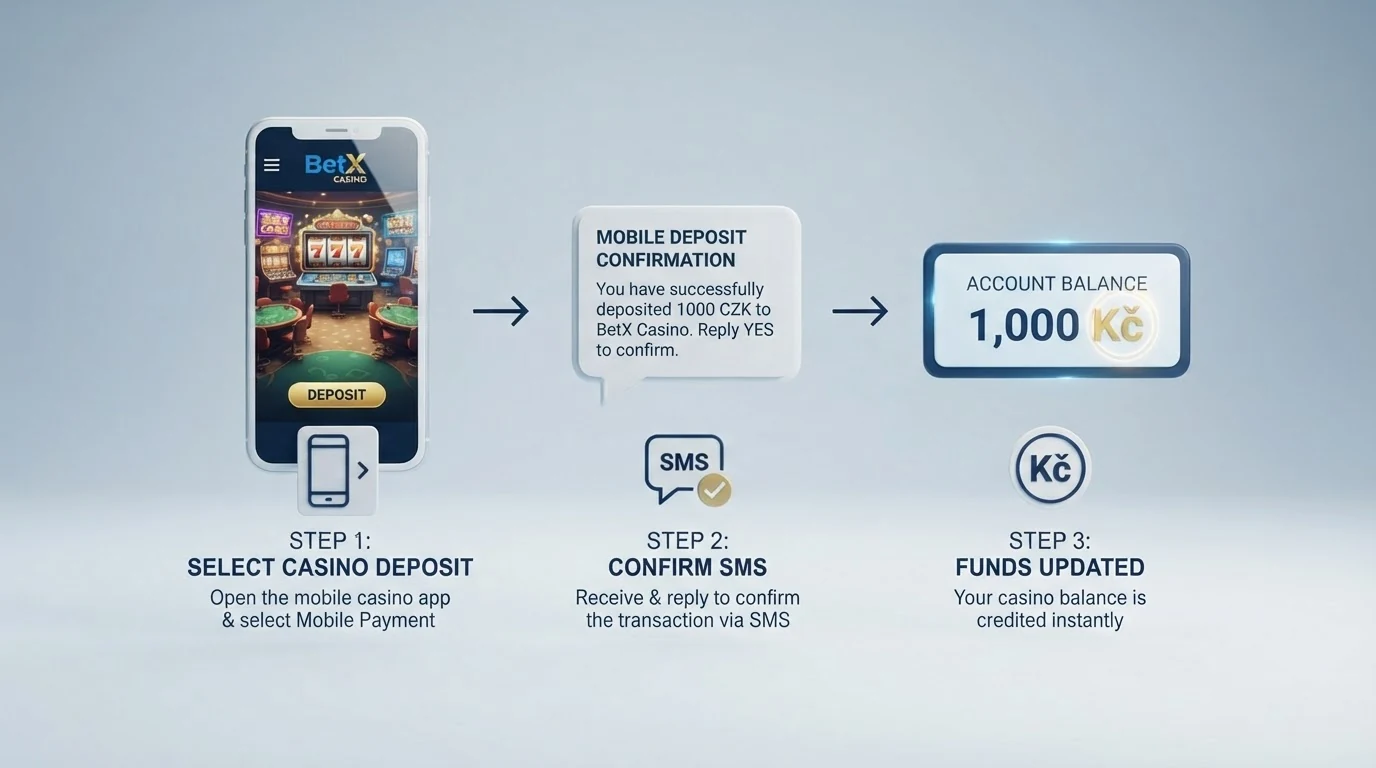 Infografika postupu m-platby — výběr kasina, volba částky, potvrzovací SMS, připsání kreditu na herní účet