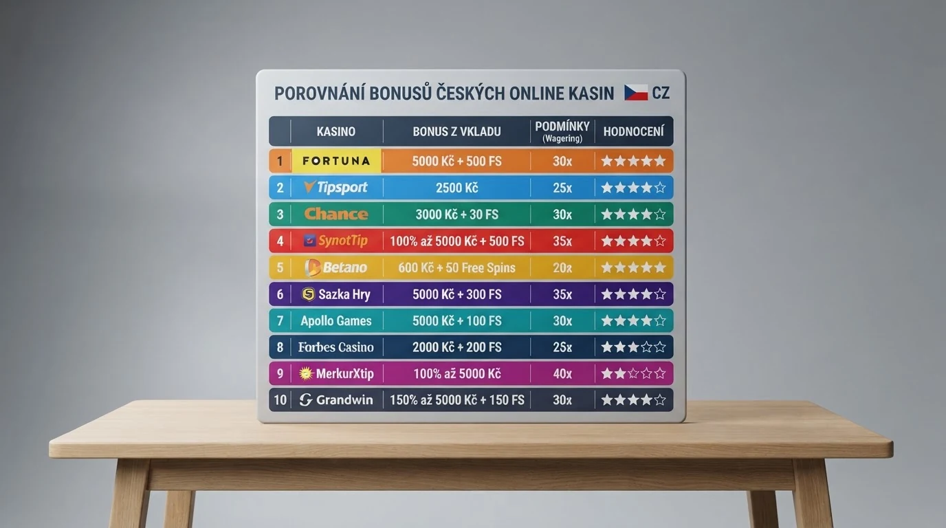 Srovnávací tabulka s logy deseti prověřených online kasin a jejich dnešními bonusovými nabídkami