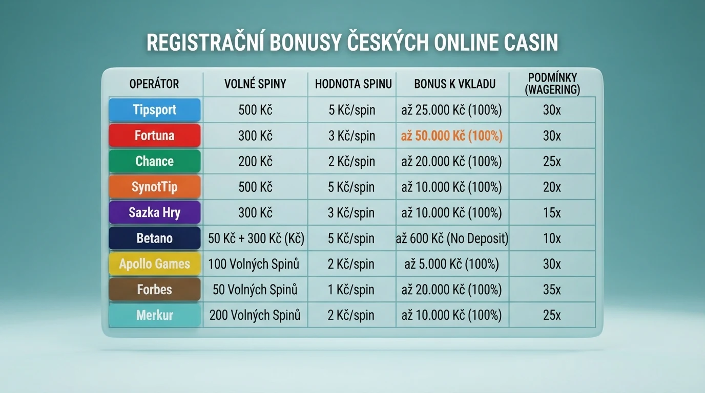 Přehledová tabulka s logy deseti operátorů, počty free spinů a hodnotami registračních bonusů