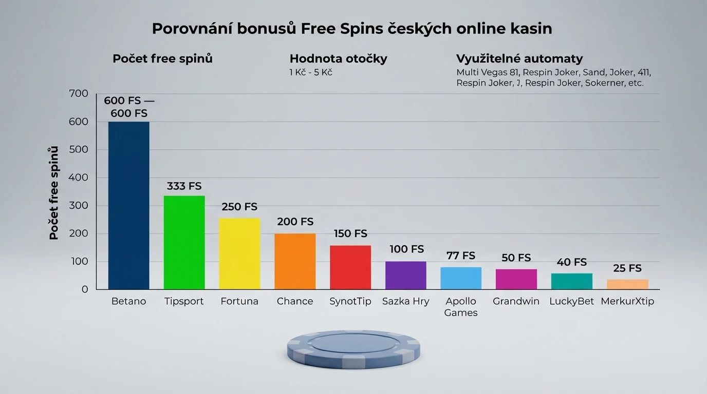Tabulka s logy deseti českých online casin a barevně odlišenými počty free spinů, hodnotami otočky a názvy automatů.