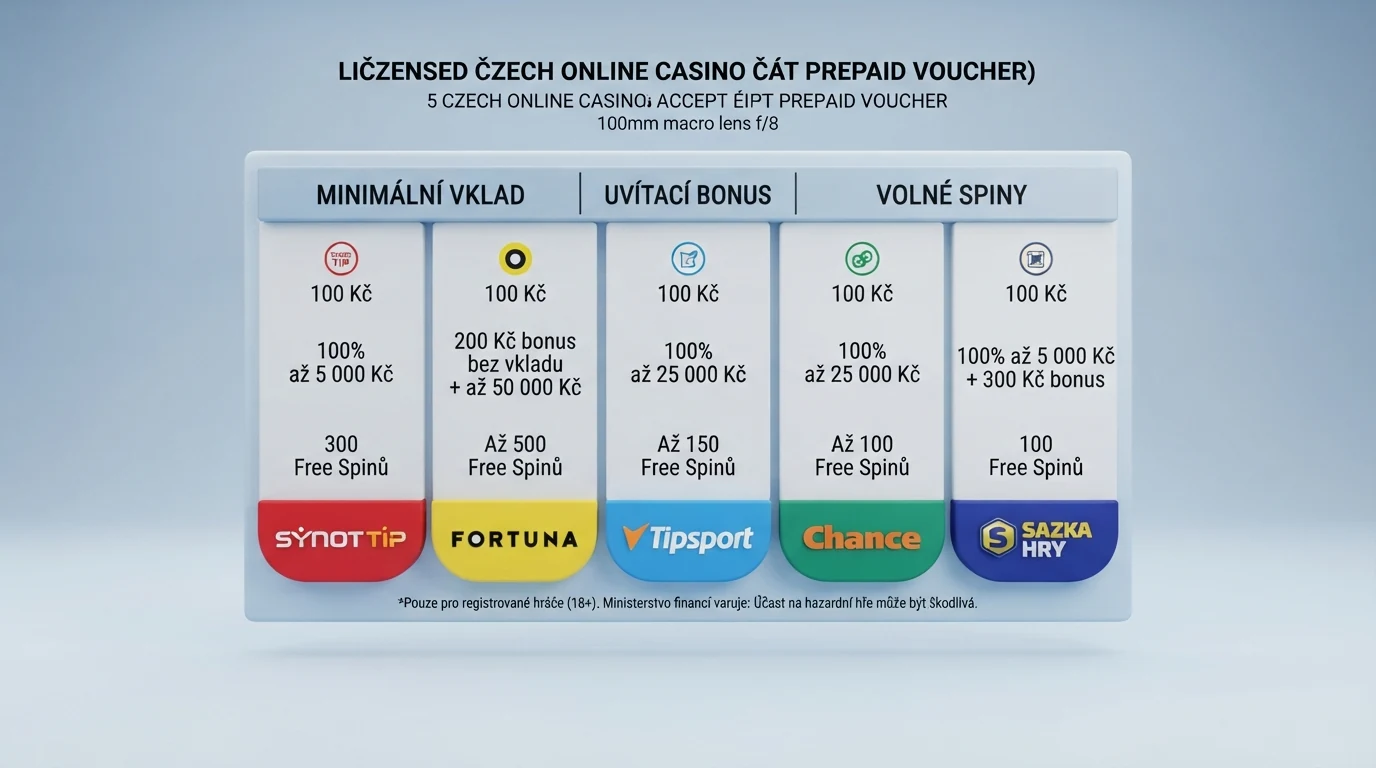 Infografika znázorňující srovnání pěti českých licencovaných online casin — sloupce pro minimální vklad, uvítací bonus a free spiny s logy operátorů Tipsport, Fortuna, Apollo Games, SynotTip a MerkurXtip