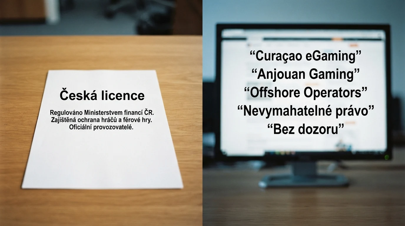 Rozcestník dvou cest — vlevo znak Ministerstva financí ČR a nápis „Česká licence“, vpravo nápis „Offshore“ a symboly Curaçao a Anjouan