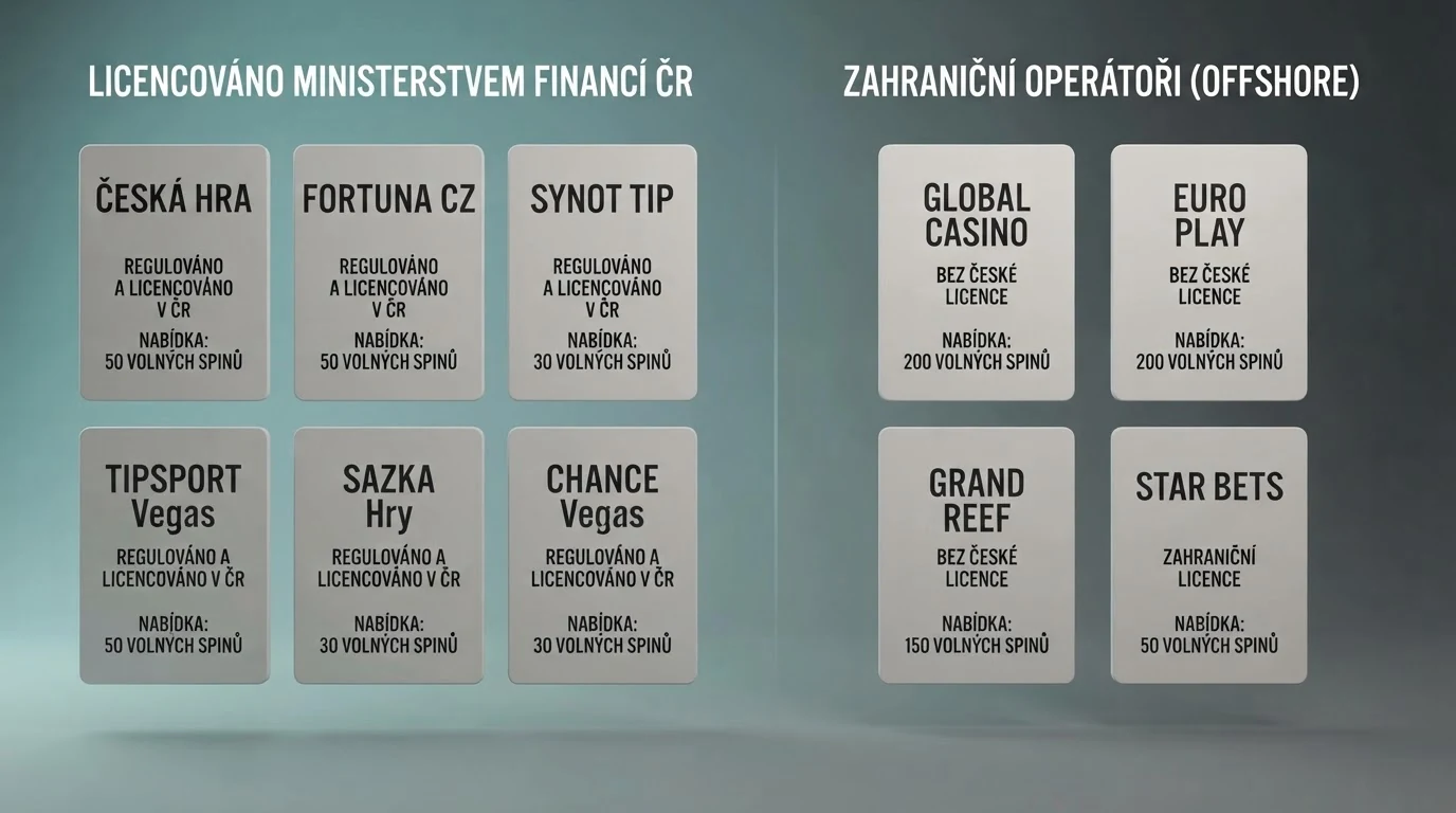 Srovnávací tabulka deseti operátorů s vyznačením licence, výše bonusu a typu nabídky — čeští licencovaní vlevo, offshore vpravo