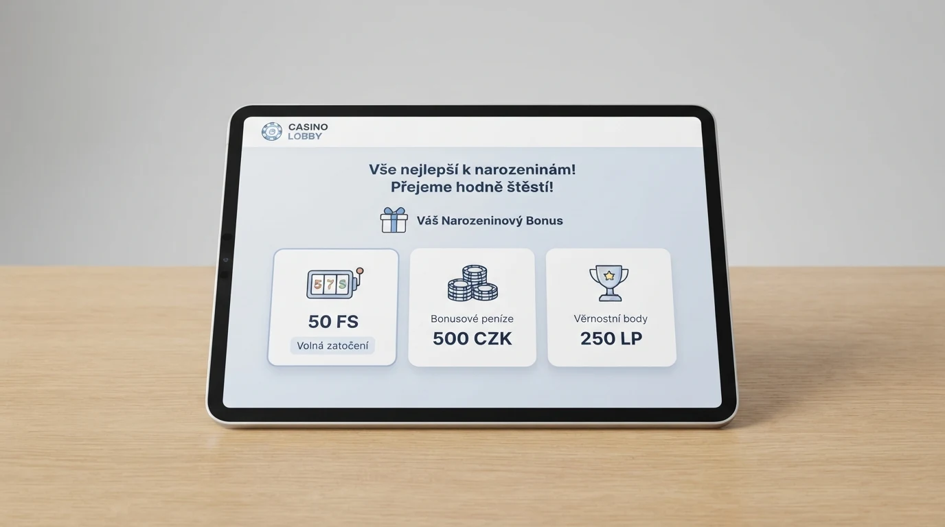 Logo nebo výloha online casina s ikonou dárku a nápisem „k n narozeninám“