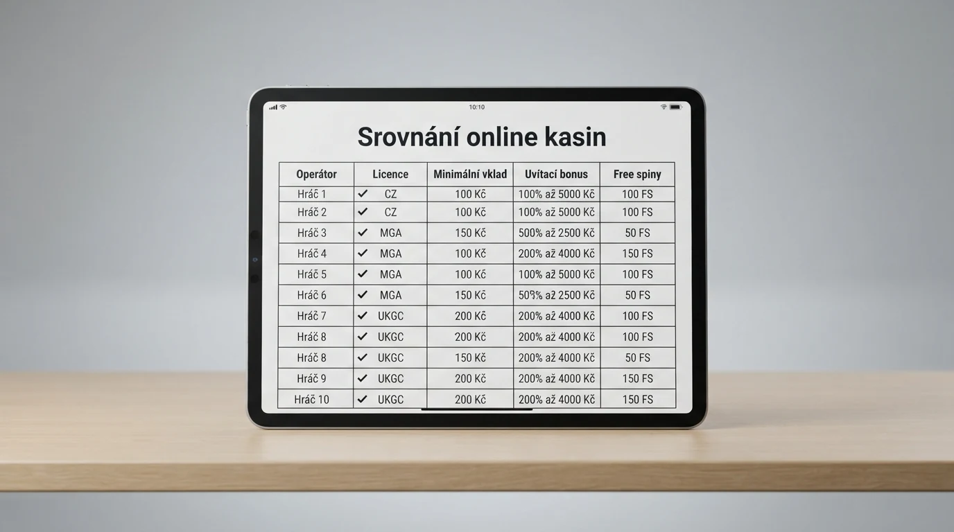 Srovnávací tabulka deseti online kasin se zvýrazněnými sloupci licence a minimální vklad