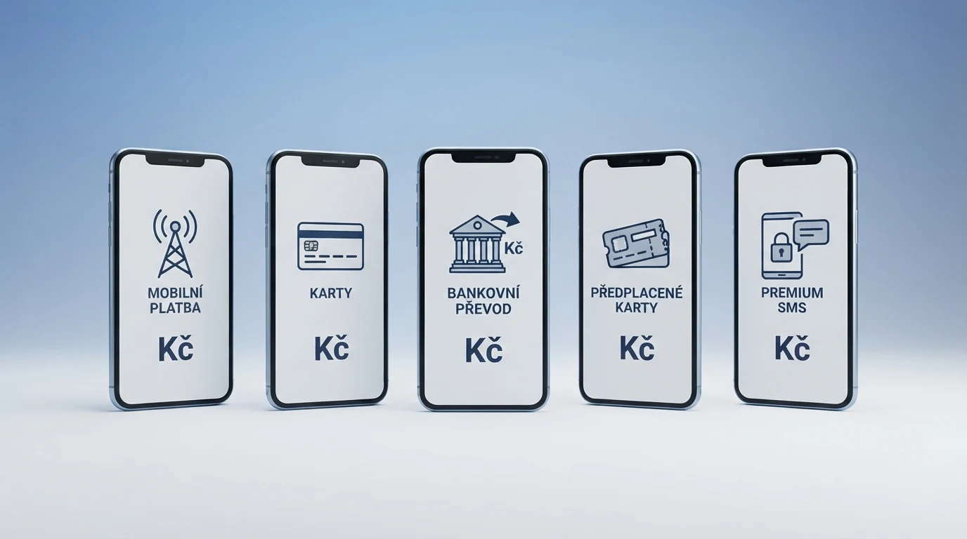 Přehledná infografika pěti hlavních vkladových metod: mobil, SMS, platební karta, bankovní převod a Paysafecard