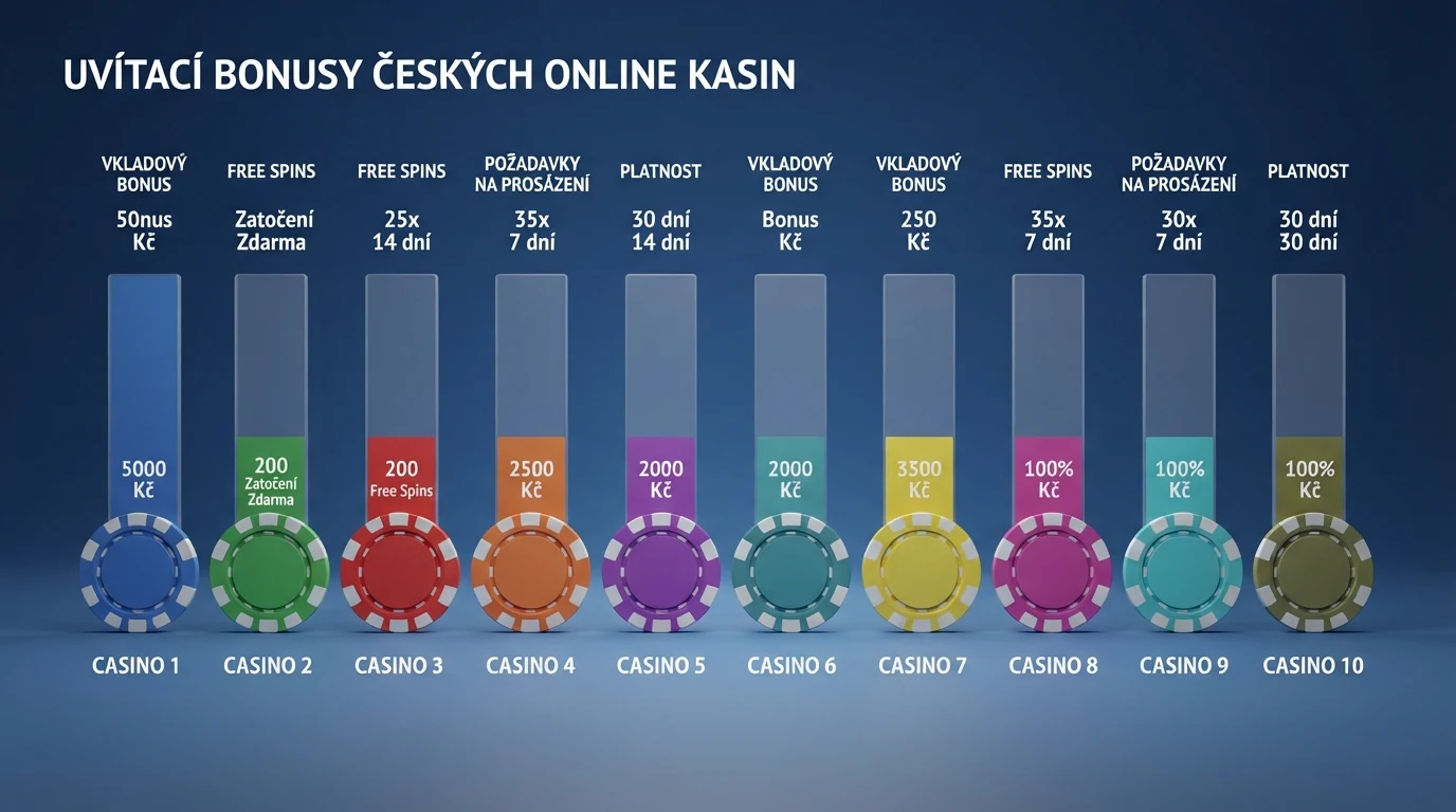 Přehledová tabulka porovnávající uvítací bonusy, počet free spinů a podmínky protočení u deseti licencovaných českých casin