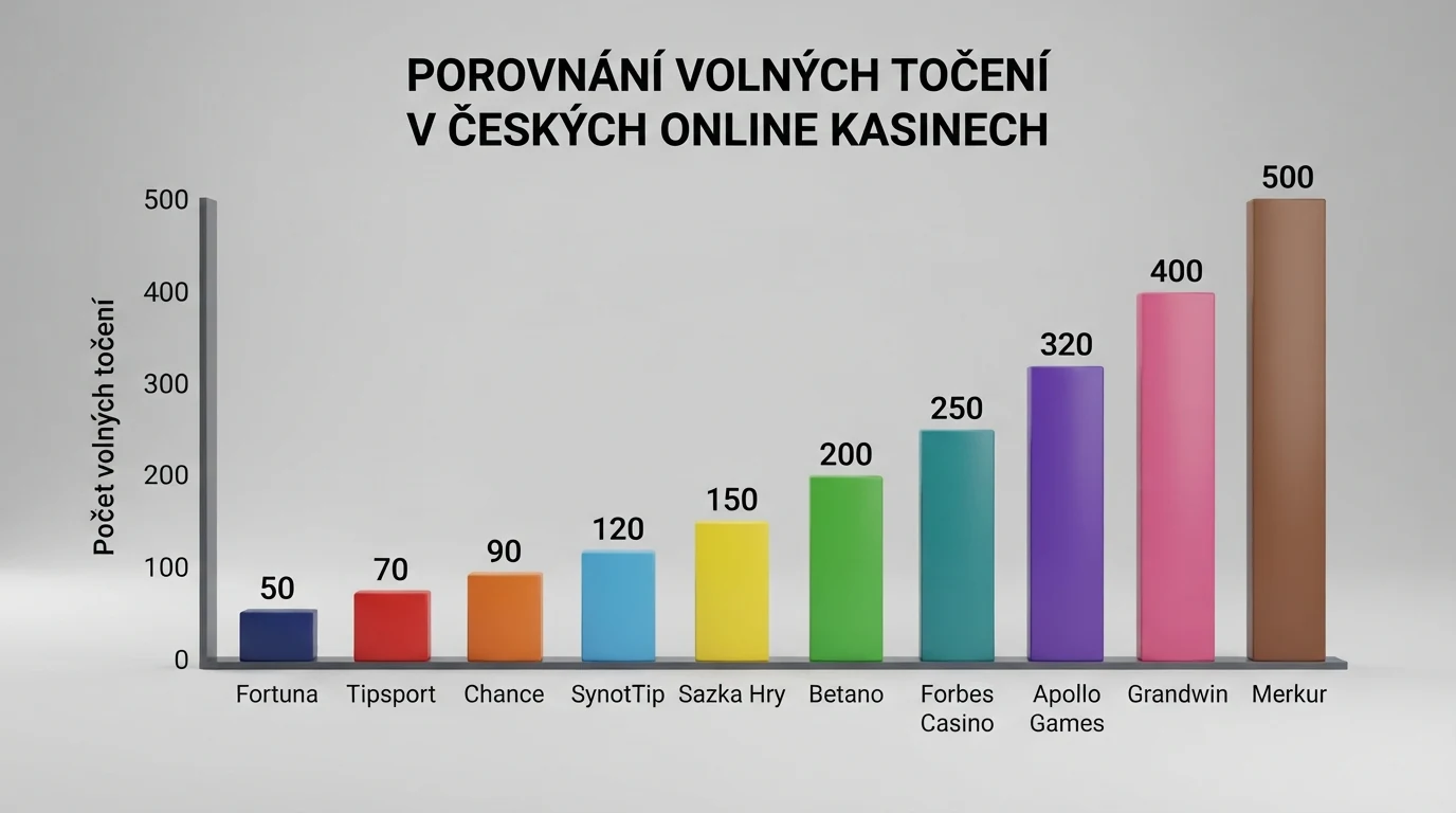 Přehledová infografika porovnávající počet volných otoček u deseti českých online casin