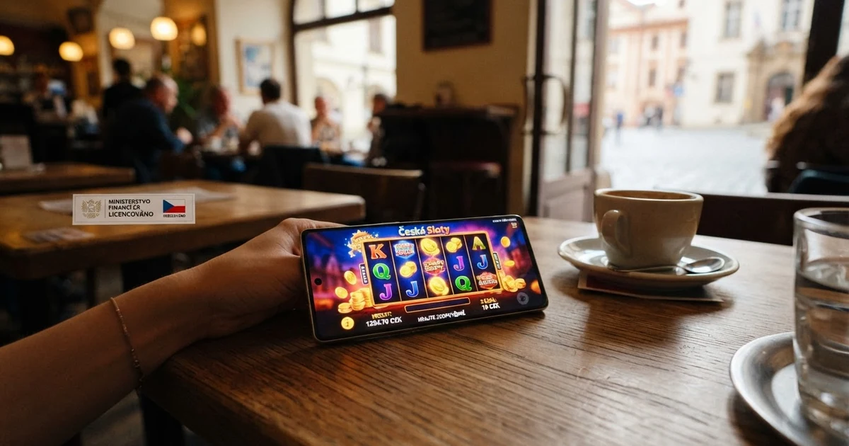 Mobilní telefon s otevřenou casino aplikací, na displeji výherní automat v českém jazyce, v pozadí logo MF ČR