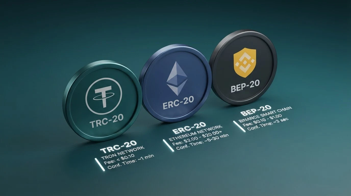 Diagram tří USDT sítí — TRC-20, ERC-20 a BEP-20 — s poplatky a časy potvrzení vedle sebe