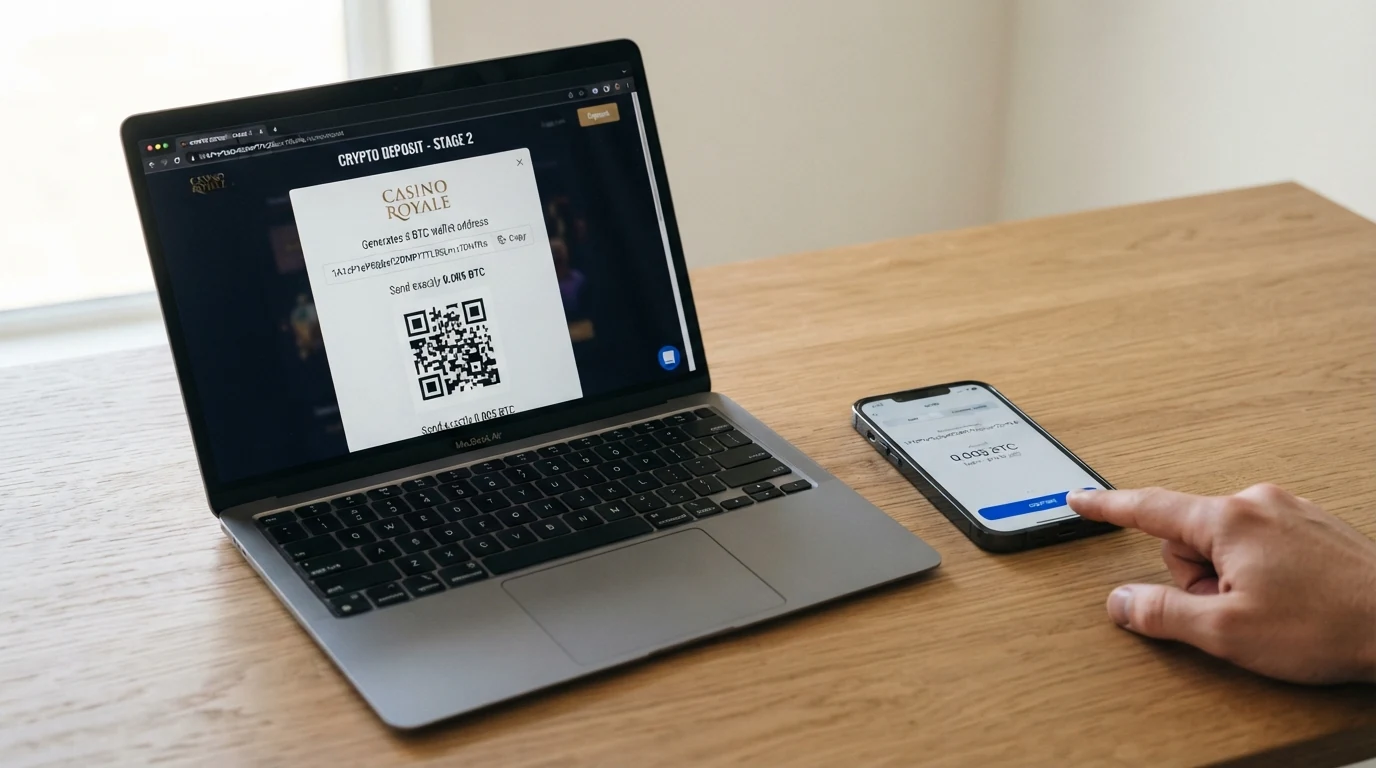 Schéma průběhu bitcoinové transakce z peněženky hráče na kasinový účet – peněženka, blockchain, potvrzení