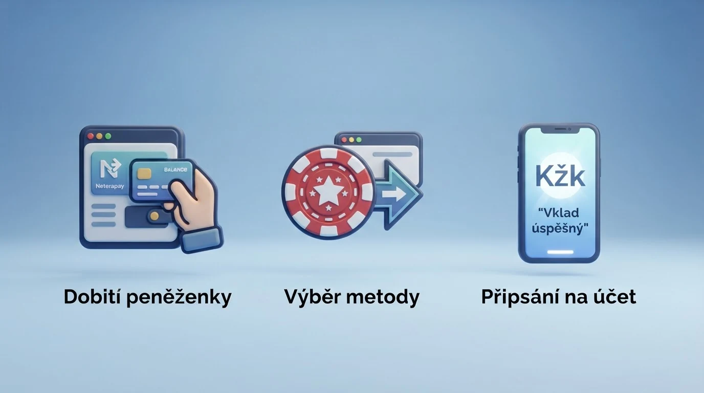 Schéma tří kroků vkladu přes Neterapay: dobití peněženky, výběr metody v pokladně, připsání na herní účet