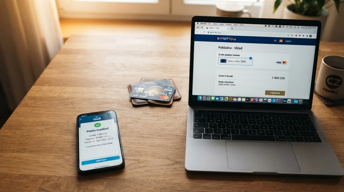 Obrazovka pokladny online casina s vybranou platbou kartou Visa a mobilní telefon s potvrzením transakce v aplikaci Revolut