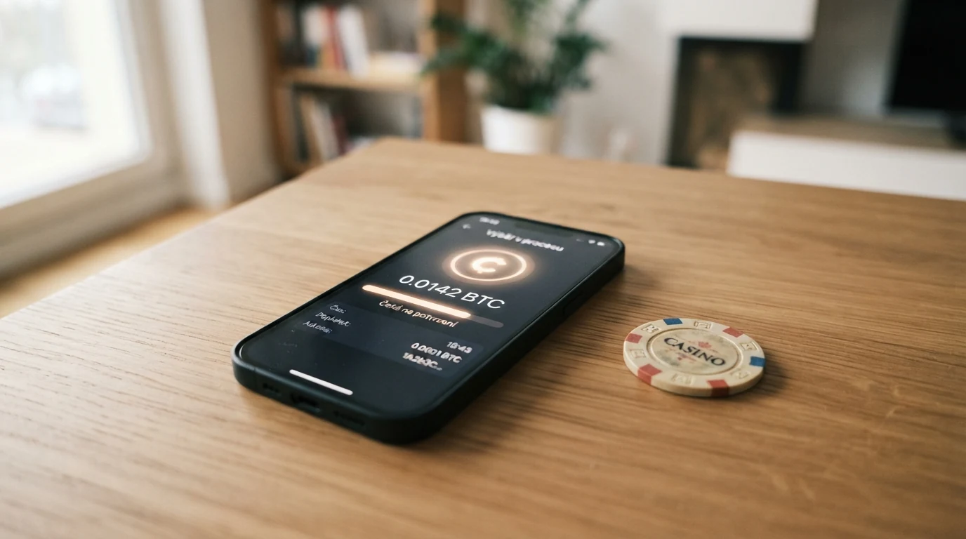 Mobilní telefon s otevřenou aplikací krypto peněženky, na displeji stav transakce „pending“