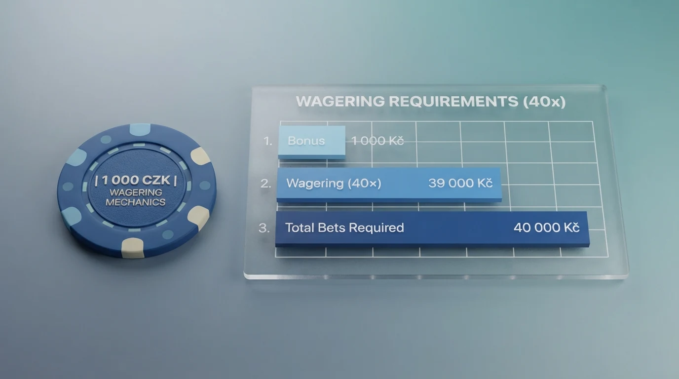 Infografika znázorňující průběh protočení bonusu — vklad, bonus, wagering násobek a výsledný objem sázek před výběrem